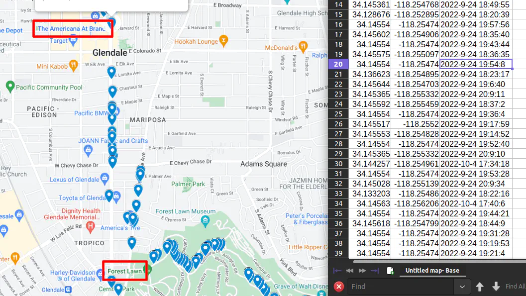 Map of Irish&rsquo;s Route around Glendale with GPS Points